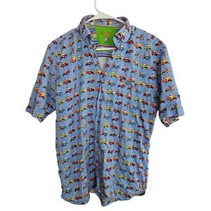 Visconti Black Shirt Girl on Car Print Blue Button Short Sleeve Shirt Men M